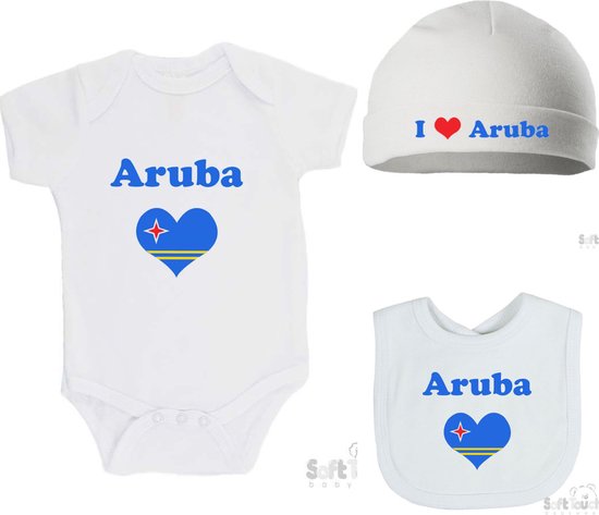 Giftset Geschenkverpakking 3-pack 100% katoenen Romper + Slabber Slabbetje (33 x 22 cm) + Mutsje "Aruba" met hart Aruba Unisex Katoen Wit/blauw/geel/rood 62/68 van Amigo & Friends