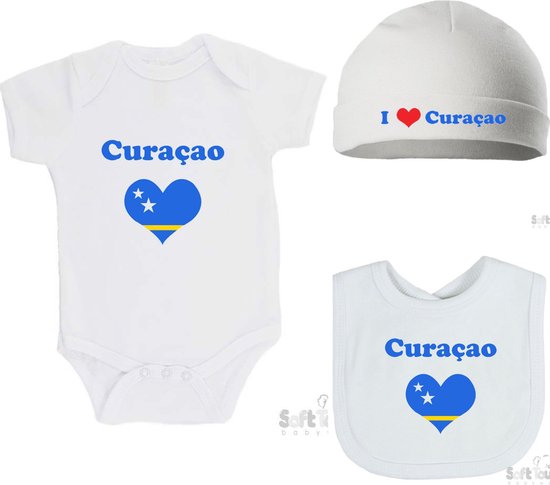 Giftset Geschenkverpakking 3-pack 100% katoenen Romper + Slabber Slabbetje (33 x 22 cm) + Mutsje "Curacao" met hart Curacao Unisex Katoen Wit/blauw/geel 62/68 van Little Dutch