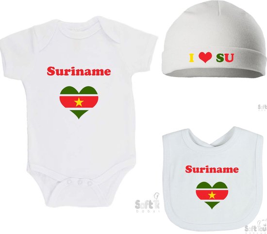 Giftset Geschenkverpakking 3-pack 100% katoenen Romper + Slabber Slabbetje (33 x 22 cm) + Mutsje "Suriname" met hart Suriname Unisex Katoen Wit/rood/groen/geel 62/68 van Vlinderolaan