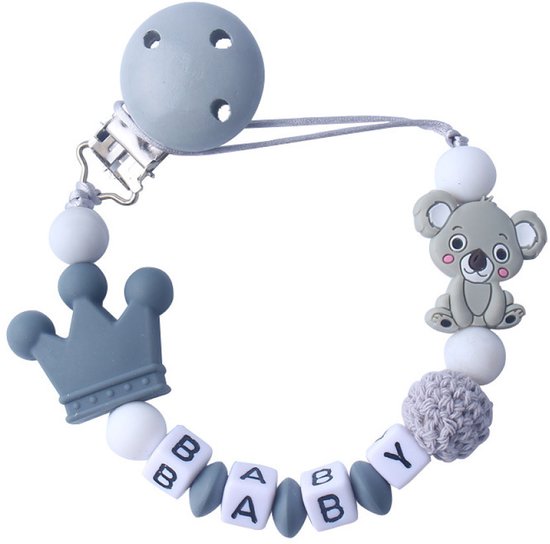 Gigicial Speenclip - Speenclip met naam Clip - Veilig en zacht siliconenmateriaal - 1 stuk - Voor baby's en peuters, grijs