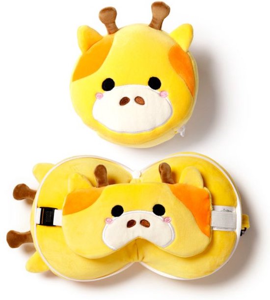 Giraf - Ronde Knuffel - Reiskussen & Slaapmasker - 3-in-1 voor kinderen - Knuffeldier - Kussentjes en slaapmaskers voor onderweg, in het vliegtuig of in de auto van Gira