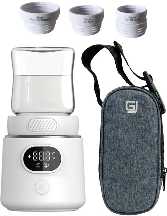 GJ Ventures Draagbare Flessenwarmer Pro – Flessenwarmer Onderweg - Flesverwarmer - Babyvoeding – Flessenwarmers – 4 Temperatuurniveaus - Flessenwarmer Draadloos – USB Oplaadbaar – Incl. 3 Adapters en Draagbare Opberghoes - Wit van GJ Ventures