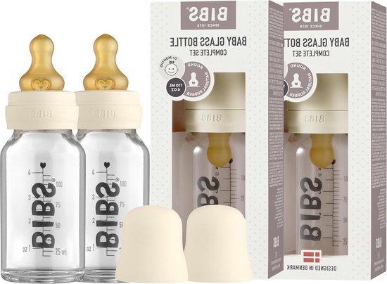 Glazen babyfles 110 ml - reduceert koliek - natuurlijk rubberen ronde speen - ondersteunt borstvoeding - set van 2 - ivoor van HEVEA