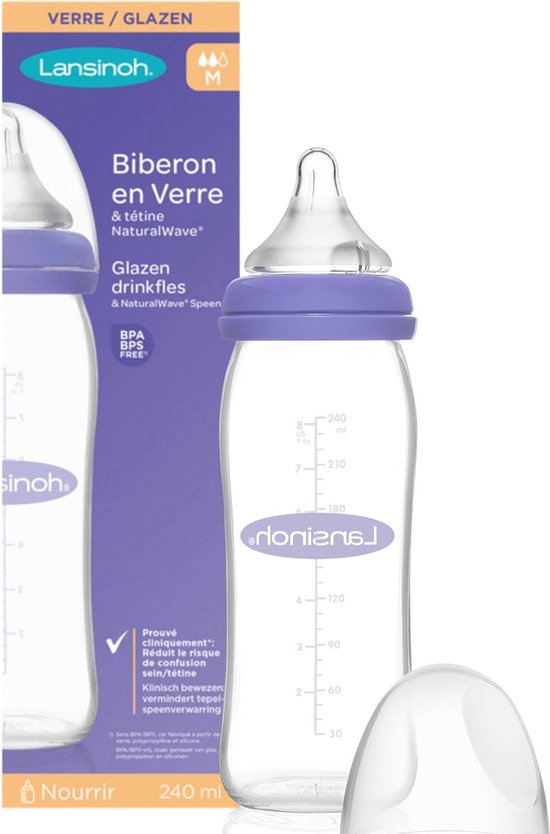 Glazen Babyfles 240 ml met NaturalWave Speen - Anti-colic en Hittebestendig