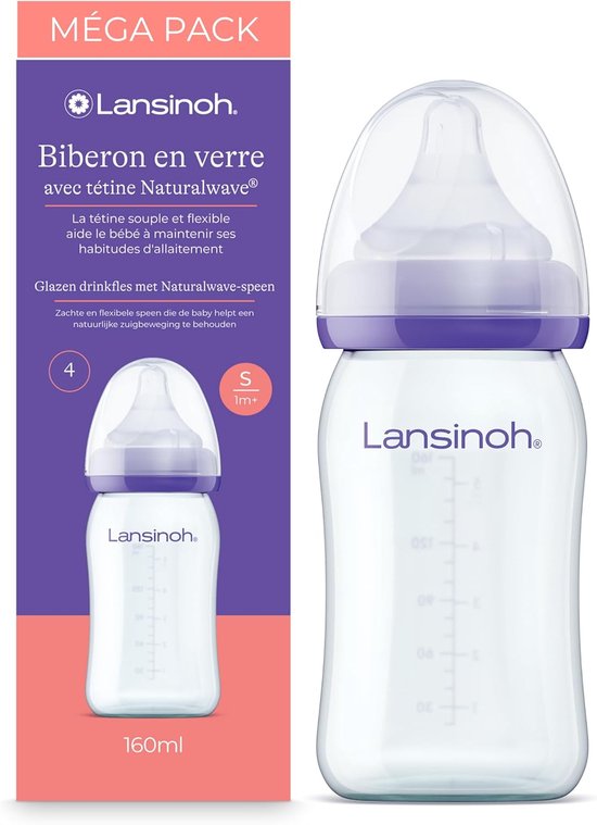 Glazen Babyflessen - Voedingsflessen Set - Flesvoeding Geven - NaturalWave Zuiger - 4 x 160 ml - Glas
