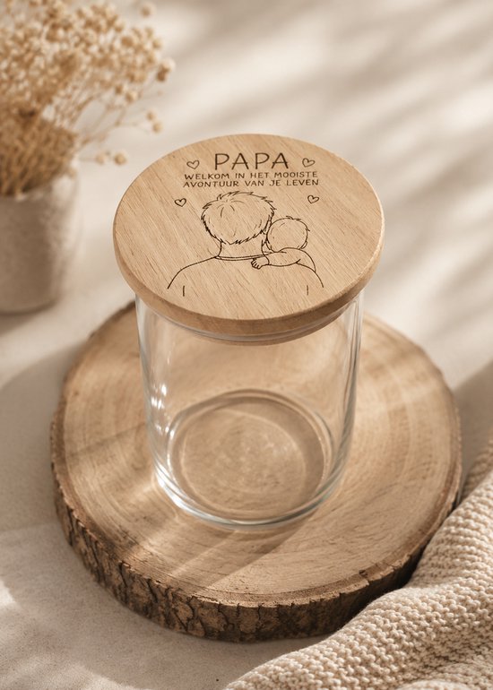 Glazen Bewaarpot met Gegraveerd Bamboe Deksel - Papa Cadeau - 10 Dagen Pakket Zwangerschap - Welkom in het Mooiste Avontuur van je Leven