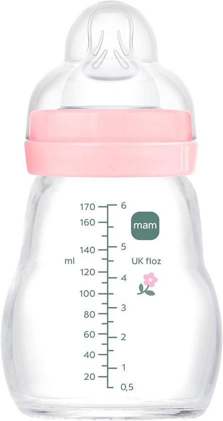 Glazen Fles voor Pasgeborenen 170ml - Geschikt voor 0-2 Maanden - Langzame Stroom Silicone Teat - Makkelijk Schoon te Maken - Roze