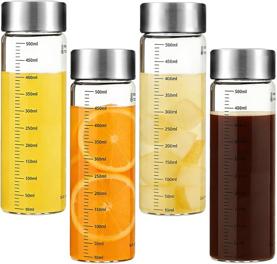 Glazen Flessen 500 ml, met Roestvrijstalen Deksel, Glazen Sapflessen,BPA-vrij, met Maatschaal, Herbruikbaar, voor Sap, Melk, Smoothie, Water en Drankjes