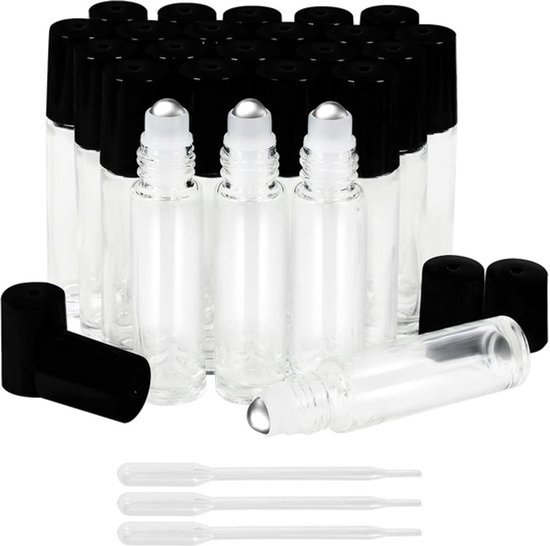 Glazen rolflessen voor etherische oliën - Navulbare 10 ml flessen - Met roestvrijstalen bal - 3 druppelaars - Aromatherapie en parfum - Geschikt voor lippenbalsem, geur en olie - Set van 24 stuks