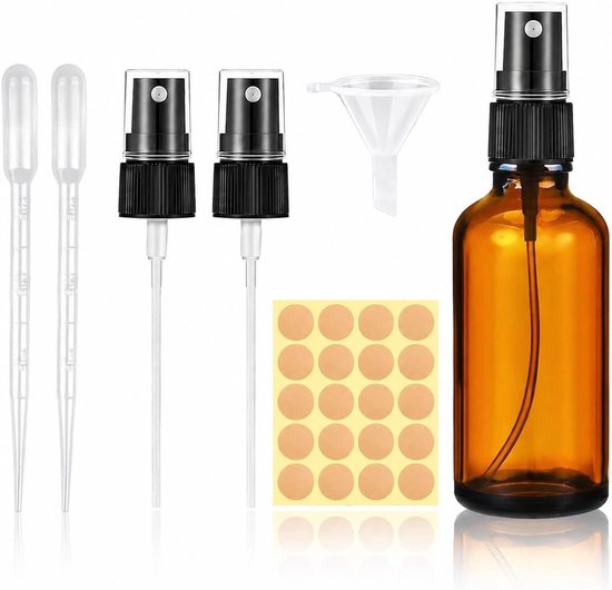glazen sprayflessen 10 stuks – 50ml hervulbare verstuivers met dop – navulbare reisflacons voor cosmetica en etherische oliën – met trechter, pipet en etiketten