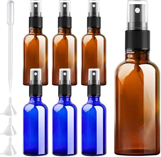 Glazen spuitflessen 50 ml 6 stuks - Fijne mistsprayfles voor reizen - Cosmetische verstuiverfles - Blauw en bruin - Vloeibare water verspreider