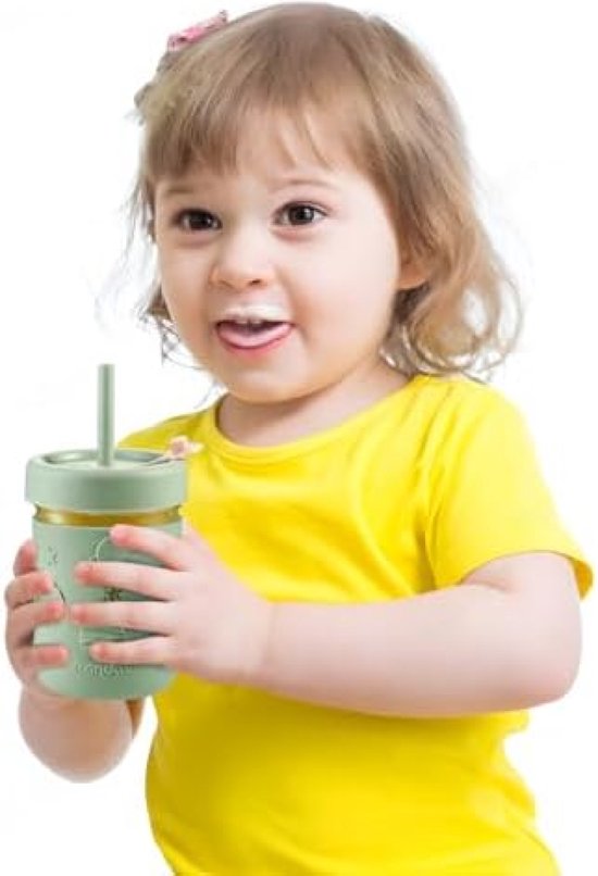 Glazen voor kinderen en peuters, set van 4 glazen, glazen van 250 ml, met siliconen hulzen en rietjes, anti-kantel-smoothieglazen voor peuters van Tronco