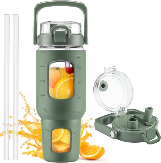 Glazen waterfles van 1200 ml met rietje en deksel, glazen beker met tijd- en watermarkering, ijskoffiebeker met siliconen hoes, reis-koffiebeker, past in de autohouder, olijfgroen van Tronco