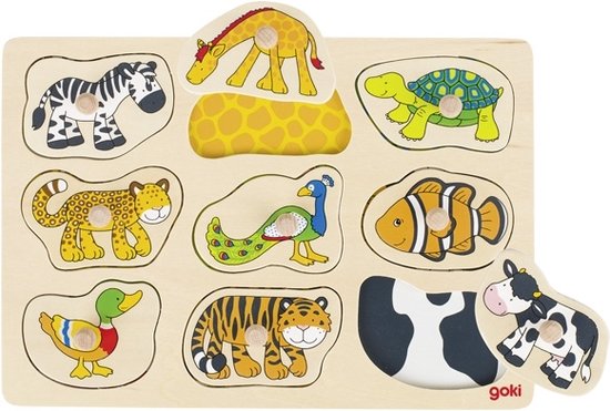 Goki Houten Dieren Noppenpuzzel, 9st. van Goki
