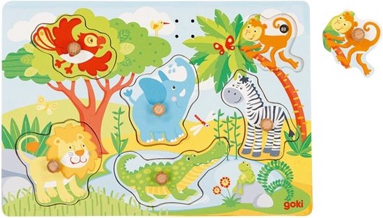 Goki Houten Noppenpuzzel Dierentuin met Geluid, 6st. van goki