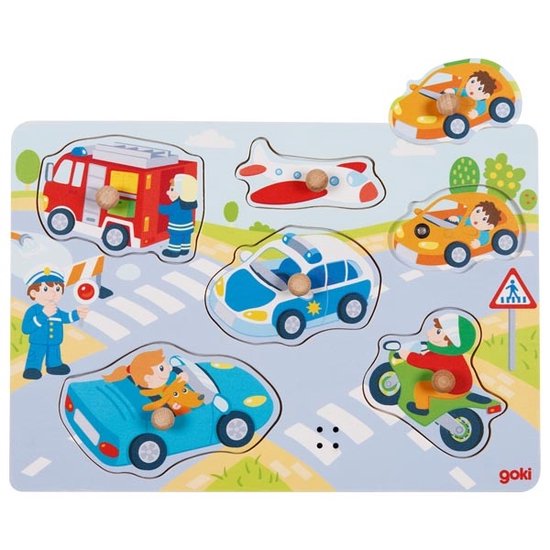 Goki Houten Noppenpuzzel Voertuigen met Geluid, 6st. van Goki