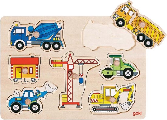 Goki Houten Noppenpuzzel - Werkvoertuigen van goki