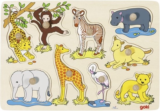 Goki Houten Noppenpuzzel Wilde Dieren, 9dlg. van Goki