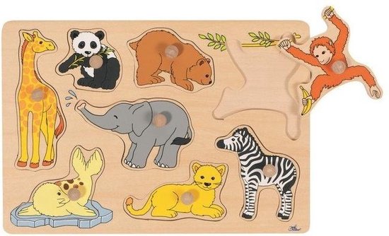 Goki Houten Noppenpuzzel Wilde Jonge Dieren, 8st. van Goki