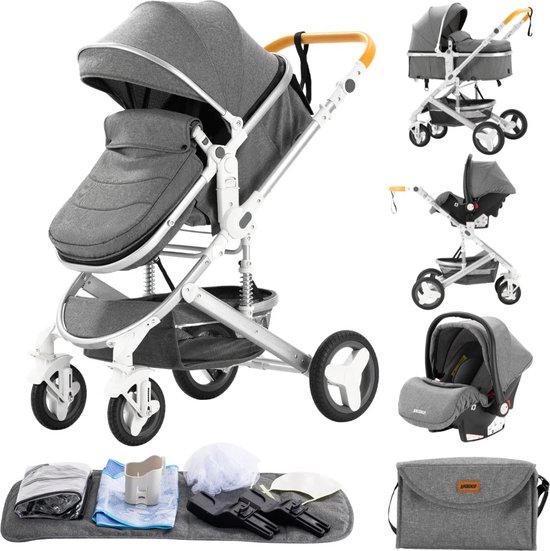 GoobiSales Luxe 3-in-1 Kinderwagen - Draagbaar, Opvouwbaar, met Vering - Aluminium Frame - Inclusief Autostoel - Kwalitatieve Buggy voor Pasgeboren Baby - Luxe Multifunctionele Combi Kinderwagen - Grijs van GoobiSales