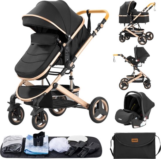 GoobiSales Luxe 3-in-1 Kinderwagen - Draagbaar, Opvouwbaar, met Vering - Aluminium Frame - Inclusief Autostoel - Kwalitatieve Buggy voor Pasgeboren Baby - Luxe Multifunctionele Combi Kinderwagen - Zwart van Merkloos