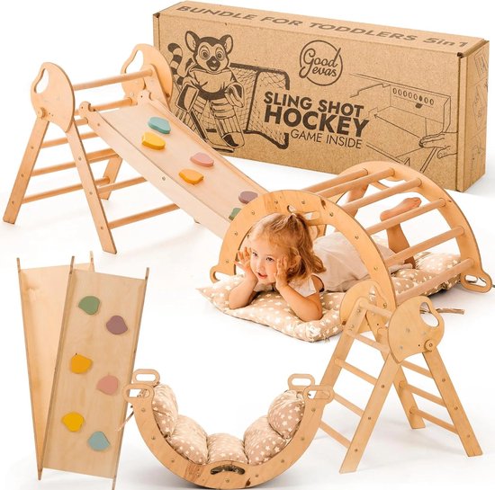 Goodevas 5-in-1 Montessori-klimset: klimdriehoek voor binnen, klimboog met kussen en glijbaan voor kinderen, binnenspeeltuin voor kinderen van 1 tot 3 jaar