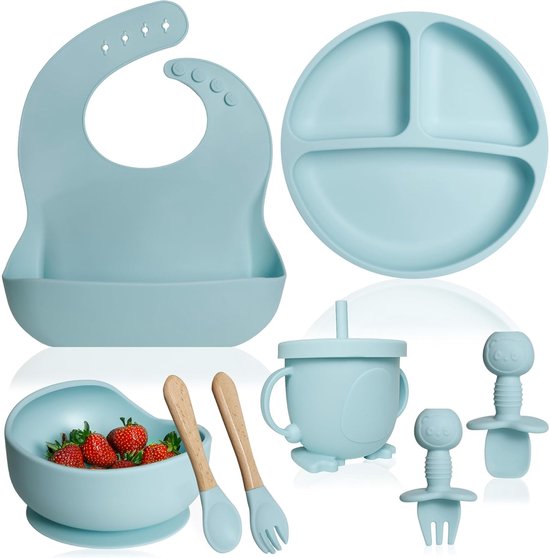 GOODEVN 8-Delig Baby Servies Set (Siliconen) - Bord met Zuignap + Drinkbeker + Slab + Bestek - Vaatwasser- & Ovenbestendig - BPA-Vrij - Hemelblauw van GOODEVN
