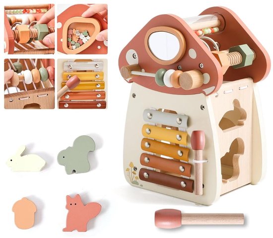 Goodivery - Speelgoed 1 Jaar - Montessori Motor Skills Cube Houten Speelgoed - Speelgoed 5 in 1 - Hout van Goodivery
