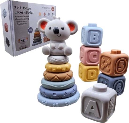 Goodz4All Stapelstenen met Koala Stapelblokken - Sensorisch Speelgoed - Stapeltoren - Leer Vormen Letters Cijfers Kleuren Fruit van Goodz4All