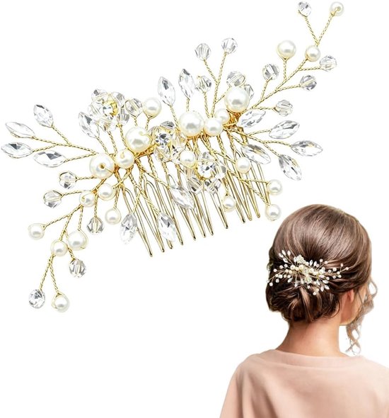 Gouden kam met parels, kristallen en bloemen: elegant haarsieraad voor bruiloft, feest en speciale gelegenheden.