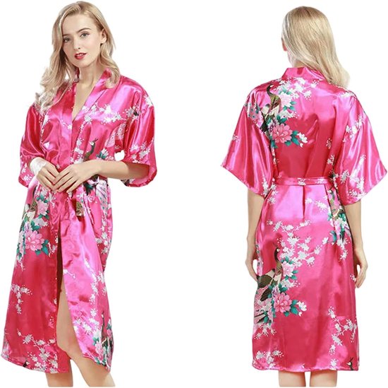 Gown Womens Silk Satin Kimono Robes Long Sleepwear Dressing Gown Floral Peacock Printed Pattern Party Wedding Bridesmaid Bathrobe-rose Red-s