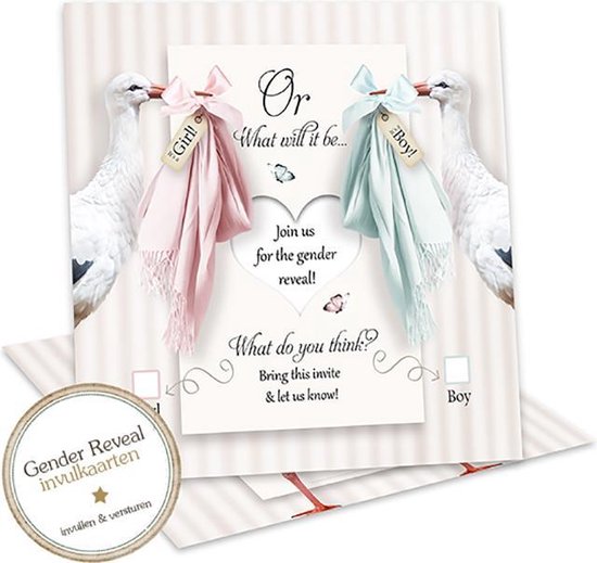 GR026 Engels - 8 Babykaarten - Gender Reveal uitnodiging - geslacht baby reveal -Gender reveal party - Genderreveal - Babyshower - Invulkaarten - 8 uitnodigingen met enveloppen - Een Jongen of een Meisje?- Boy or a Girl - GR026 engels (8 stuks) van Spa4Kids