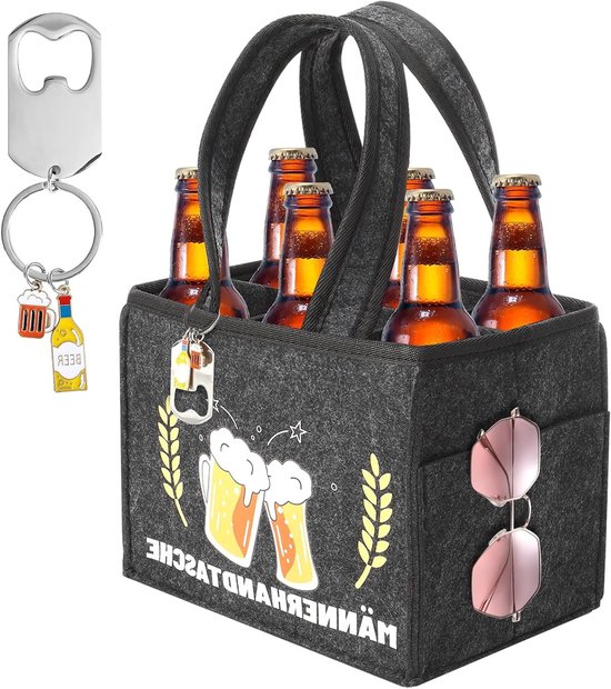 Grappige Handtas voor Mannen, Bier Tote Bag, Flessendrager voor 6 Flessen, Perfecte Cadeau voor Bierliefhebbers en Vaderdagen met Flessenopener en Viltmateriaal van Merkloos