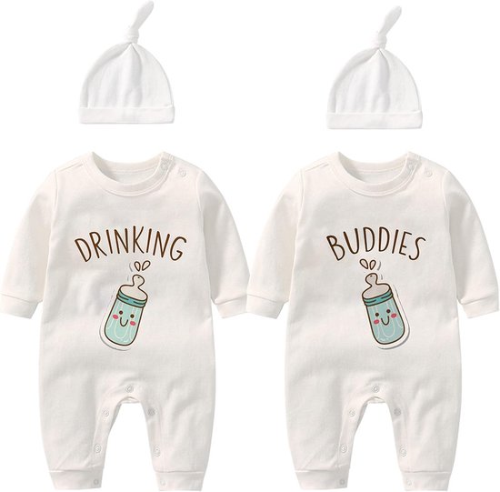 Grappige Romper Set voor Tweeling Drie Stuks met Hoed Zacht Katoen Babykleding van Merkloos