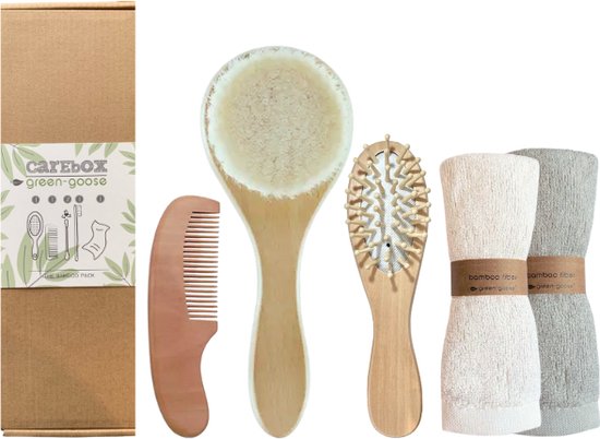 green-goose® Baby Bamboe Pakket - Haarverzorging Baby - 2 Haarborstels, Kam, 2 Zachte Doekjes - Duurzaam - Baby Borstels - Baby Kam van green-goose®