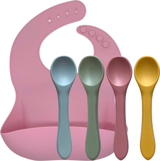 green-goose® Babylepels (4 Stuks) met Slabbetje | Roze | Duurzaam Siliconen | Verstelbaar Slabbetje | BPA Vrij van green-goose®