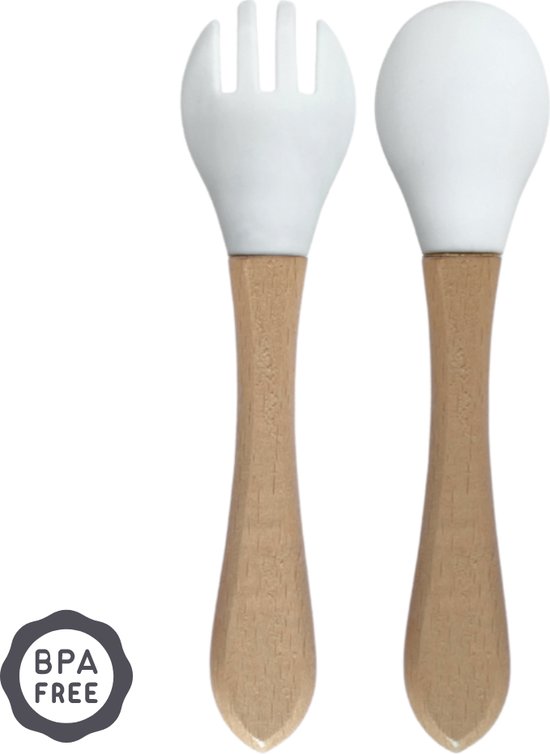 green-goose Kinderbestek | Bamboe Siliconen Lepel en Vork | Wit | Buigbaar, Vaatwasserbestendig en Duurzaam! van green-goose®
