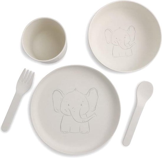 Green Harmony Kinderservies biokunststof taartvorm ontbijtbord kom beker lepel vork cadeau-ideeën voor kinderen grappig dierenmotief olifant kinder ontbijtset van Gre