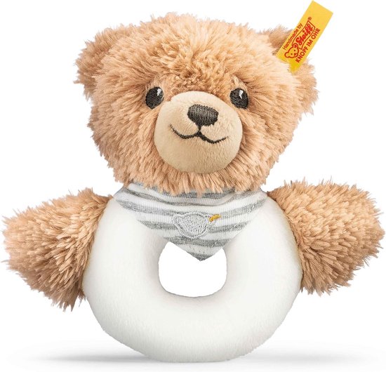 Grijpring met rammelaar - zachte beer - 12 cm - grijs