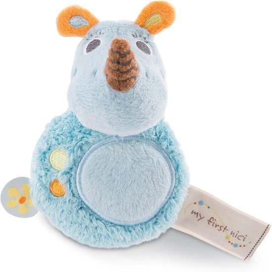 Grijpspeeltje Neushoorn - Rammelaar Pluche - Baby Stimulatie - Zachte Stof - 12cm - Blauw van Merkloos