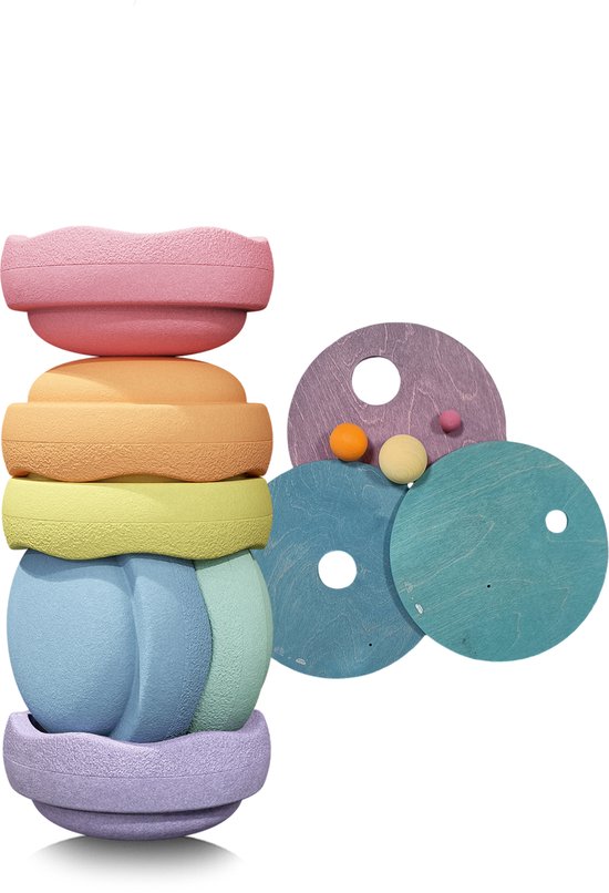Grimms x Stapelstein® - Set Pastel + Rolling Discs Pastel Cool van Grimm's