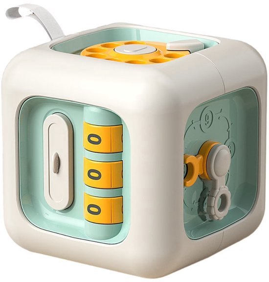 Groene Montessori Multifunctionele Busy Cube — Een 6-in-1 educatief activiteitenblok, speciaal ontworpen voor baby's en peuters; een zintuiglijk stimulerend speelgoed, geschikt voor baby's vanaf 1 jaar.