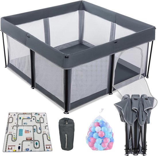 Grondbox – inklapbare box – box – grijs – speelbox – box voor baby’s – playpen – 125x125x65 cm – incl. 50 ballen, speelmat en opbergtas
