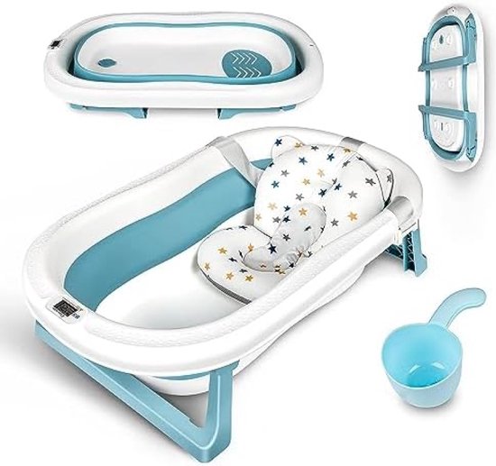 Groot Babybad Met Badstandaard, Ergonomisch Babybad Met Inklapbare Badstandaard, Inklapbaar Bad Met Antislip, Opvouwbaar Bad Voor Pasgeborenen | Shampoo Beker van Ligurra