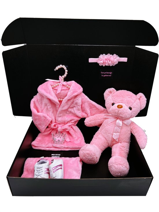 Groot kraamcadeau - teddybeer 50 cm - babybadjas - 2 maten - babysneakers - kan ook rechtstreeks als cadeau worden verstuurd van Funnies.