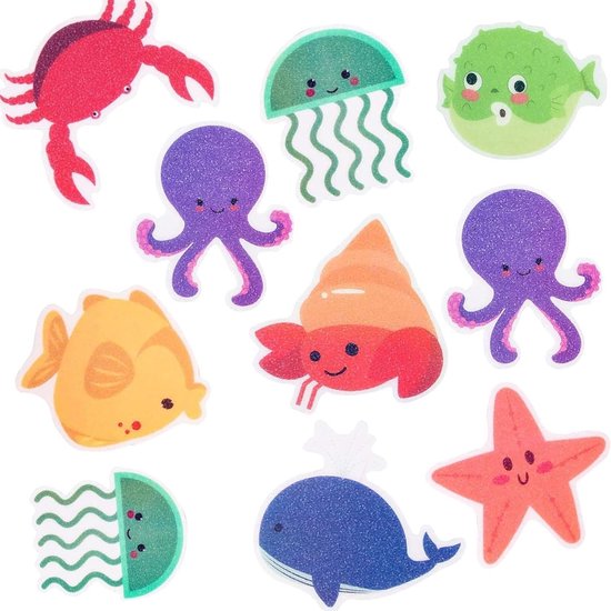 Grote Antislip Bad Stickers met Zee Motieven, 20 Zelfklevende Ontwerpen van 11.5 x 9 cm, Inclusief Premium Schraper voor Veiligheid en Comfort