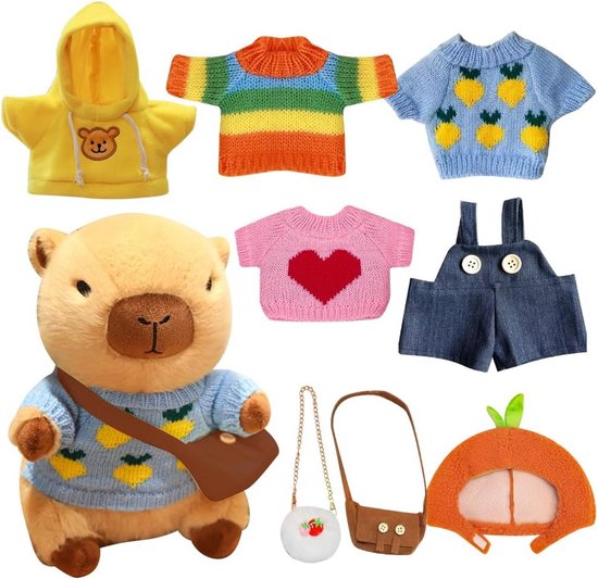 Grote Capibara Knuffel Set met 8 Accessoires - Zacht Pluche Dier Speelgoed voor Kinderen en Volwassenen