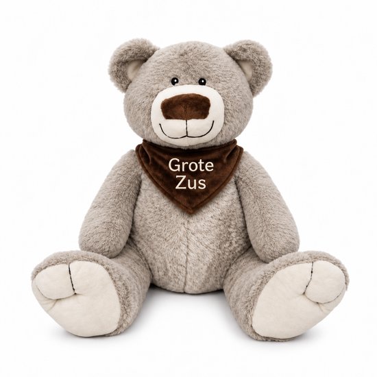 Grote Knuffelbeer 45 cm – Grote Zus – Zwangerschapsaankondiging – Geborduurde Knuffel – Cadeau voor Grote Zus – Ik Word Grote Zus – Geboorte Cadeau – Beer – Grijs – Kraamcadeau