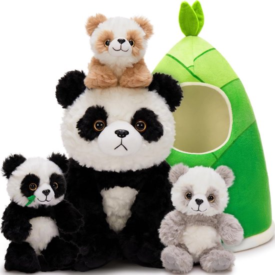 Grote Panda Knuffeldier Set XXL met 3 Baby Panda's en Bamboe Tas van Merkloos