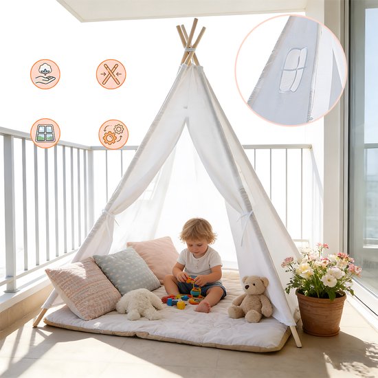 Grote Witte Tipi-Tent 120×120×130cm - Wasbare Opvouwbare Slaaptent Voor Binnen - Leuk Speelcadeau Voor Peuters Jongens En Meisjes